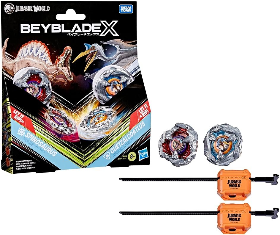 Beyblade X Jurassic World Collab Spinosaurus vs. Quetzalcoatlus Multipack Set, 2 Takara Tomy Tops, 2 launchers, Battling Tops Game, Dinosaur Toys, Ages 8+ - Product Image