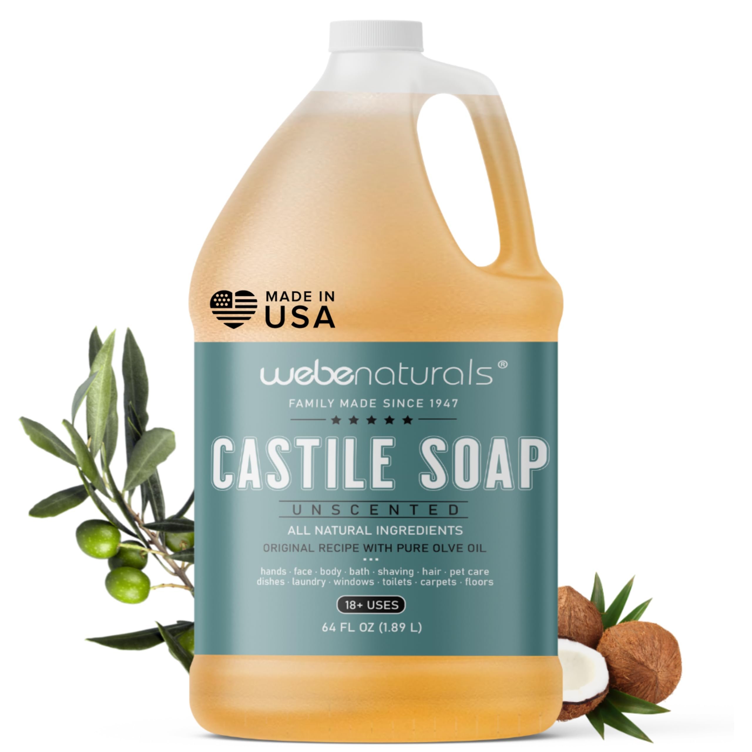 WEBE Pure Unscented Castile Liquid Soap Refill, 64 Ounce | Vegan & Gluten Free Non-GMO, For Face, Body Wash, Dishes, Pets & Laundry - Product Image
