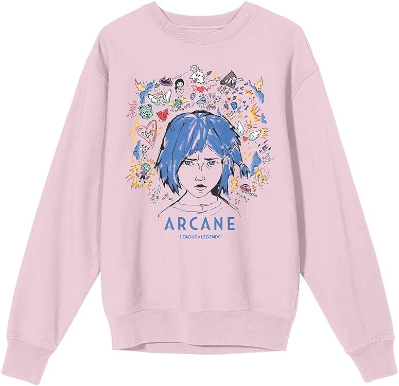 Arcane League Of Legends Powder Doodle Art Adult Cradle Pink Crew Neck Long Sleeve Sweatshirt - Product Image