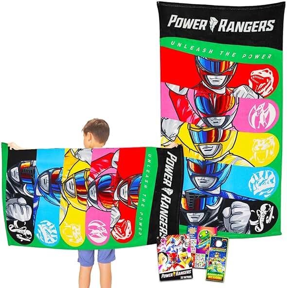 Power Rangers Towel Set for Kids - Bundle with 27" x 54" Towel, Tattoos, Stickers and More | Power Rangers Pool and Bathroom Set - Product Image