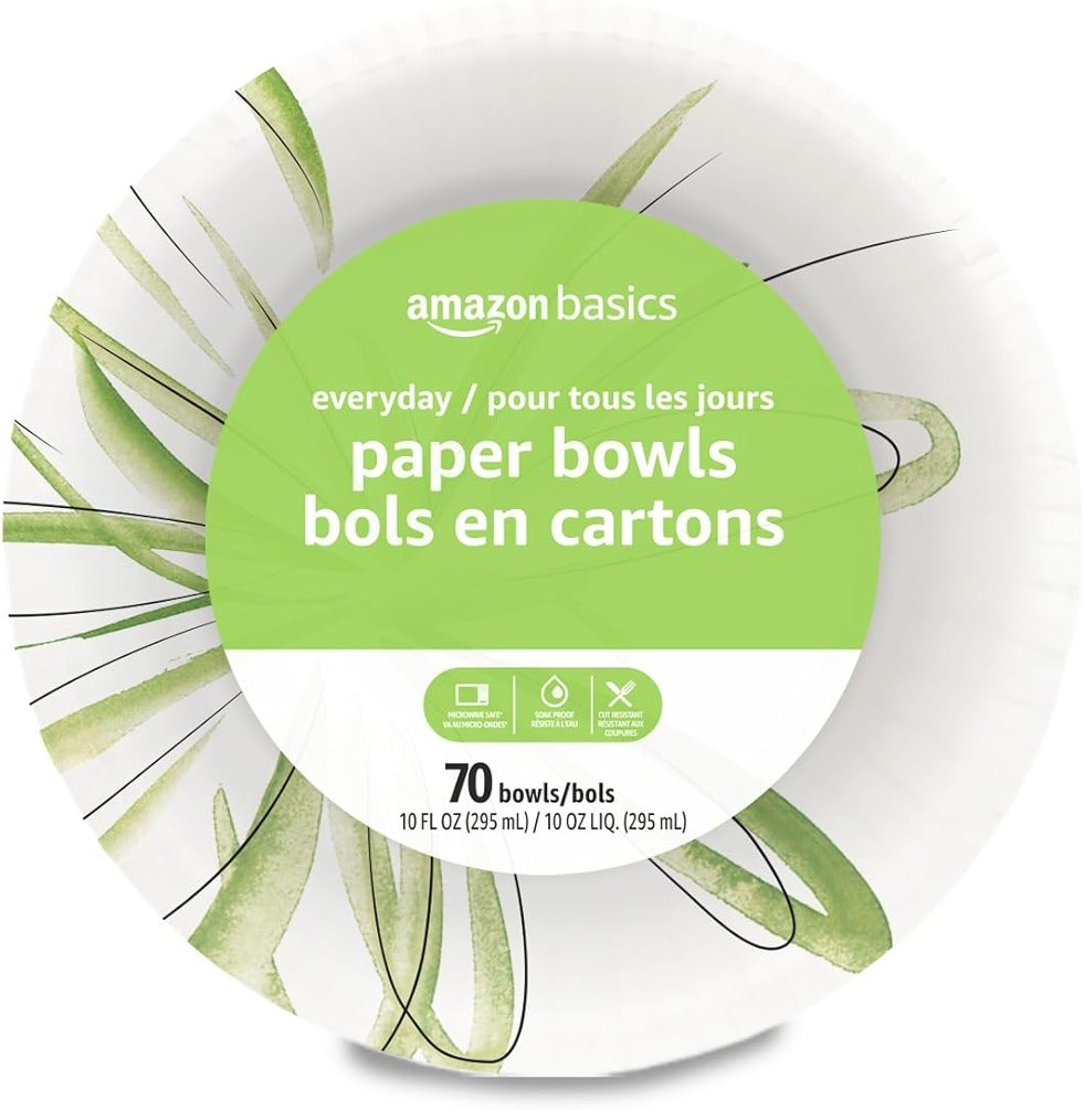 Amazon Basics Everyday Paper Bowls, 10 Oz, Disposable, 70 Count, White, Packaging May Vary - Product Image