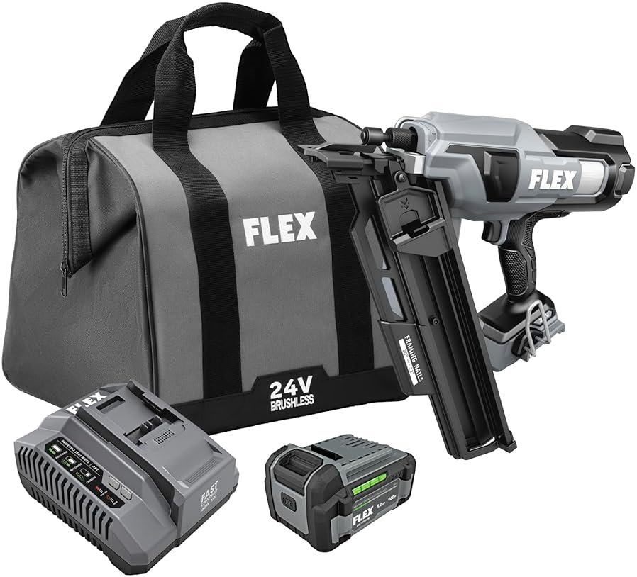 FLEX 24V Brushless 21° Framing Nailer Kit, Zero Ramp-up Time, 3 Nails/Sec, Ideal for Framing, Sheathing and Decking, w/ 5.0Ah Lithium Battery & 160W Fast Charger - FX4351A-1C - Product Image
