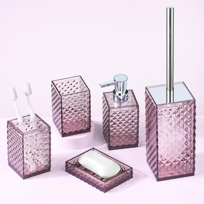 Yueranhu 6 Piece Mauve Bathroom Accessories Set - High-Clarity Shatterproof Acrylic - Includes Soap Dispenser, Toothbrush Holder, Tumbler Cup, Soap Dish, & Toilet Brush with Holder - Modern Bath Decor - Product Image