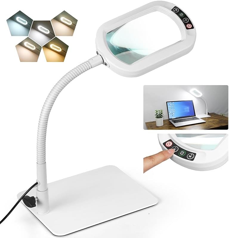 Veemagni 12X Rectangle Magnifying Glass with Light and Stand, Flexible Gooseneck LED Lighted Desk Lamp, 5 Color Modes Stepless Dimmable, Hands Free Magnifier for Reading Painting Close Work - White - Product Image