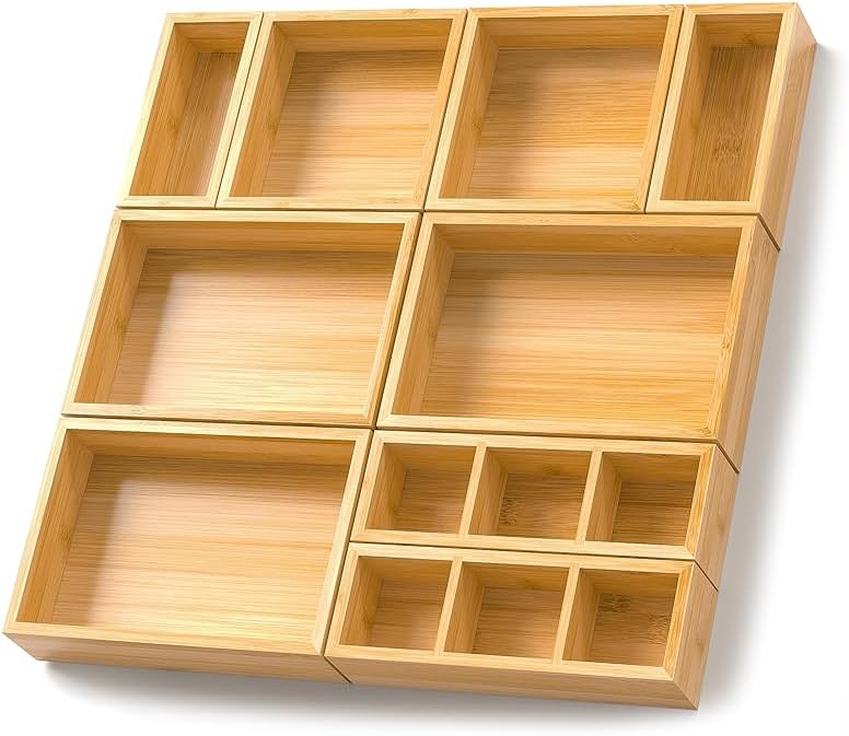 Bamboo Drawer Organizer, Set of 9 Wood Kitchen Junk Tea Desk Office Tray, Wooden Storage Boxes Organizers for Bathroom, Office (2" H 9 Boxes) - Product Image