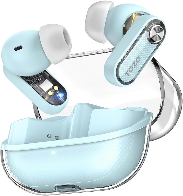 TOZO Crystal Pods Hybrid Active Noise Cancelling Wireless Earbuds, 10mm Drivers Deep Bass, 4 Mics Smart ENC AI Calls, Real-Time AI Translation, 32 EQ via App, Bluetooth 5.4, Crystal Design - Product Image