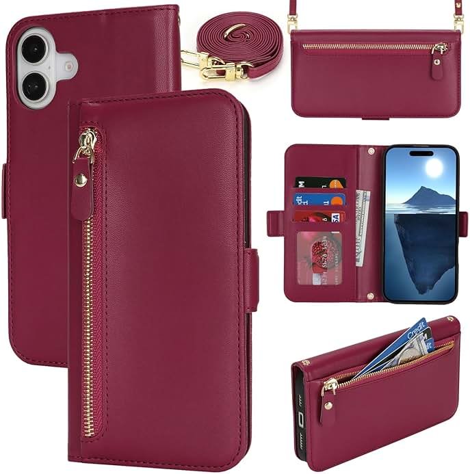Lipvina for iPhone 16 Wallet Case for Women,Zipper Pocket,PU Leather Phone Case Stand flip Cover Crossbody Lanyard Strap Zipper Credit Card Holder Slots for Apple 16,Wine Red - Product Image