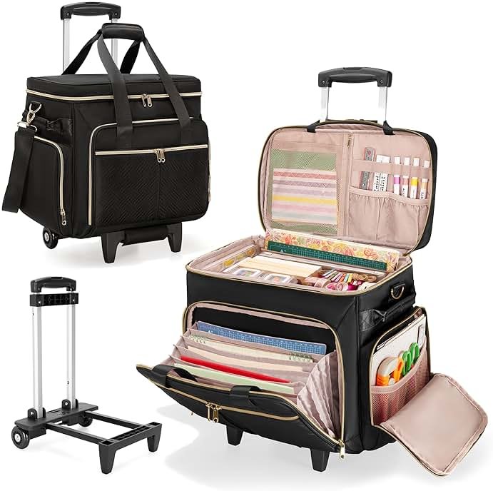 Prokva Rolling Scrapbook Bag, Scrapbook Storage Tote Bag with Wheels, Craft Cart Organizer with Detachable Trolley, Art Supplies Organizer Bag for Artist Crafter Teacher, Black(Patent Design) - Product Image