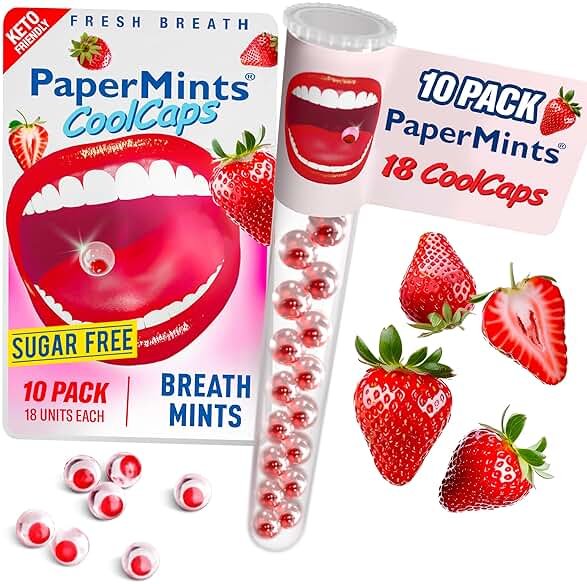 PaperMints CoolCaps Instant Fresh Breath Mints Sugar-Free Strawberry. Breath Freshener, After Dinner, Dry Mouth Relief 10 pack of 18 - Product Image