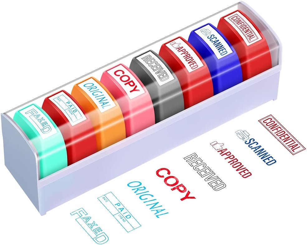 Crtiin 8 Pcs Office Stamp Set - Approved, Paid, Copy, Faxed, Scanned, Confidential, Received, Original - Self Inking Rubber Stamps Plastic, Rectangular for Business(Style 1,Mixed Colors) - Product Image