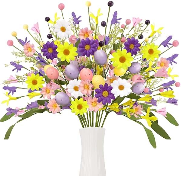 Yen Jean 12PCS Easter Decorations Artificial Eggs Flowers - Spring Floral Picks Decor Stems with Leaves for Home Table Centerpiece Vase Arrangement - Product Image
