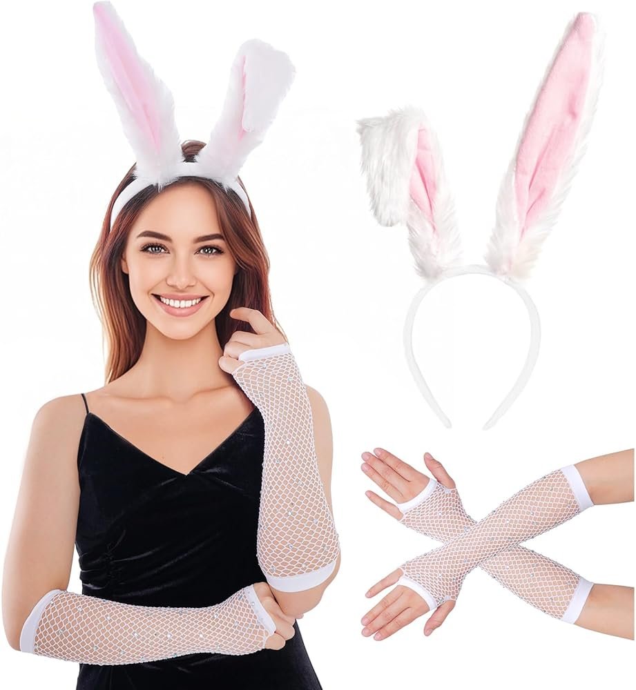 Haakong Bunny Costume Set for Women Bunny Ears Headbands with Fishnet Gloves Party Costume Accessories for Halloween Party - Product Image