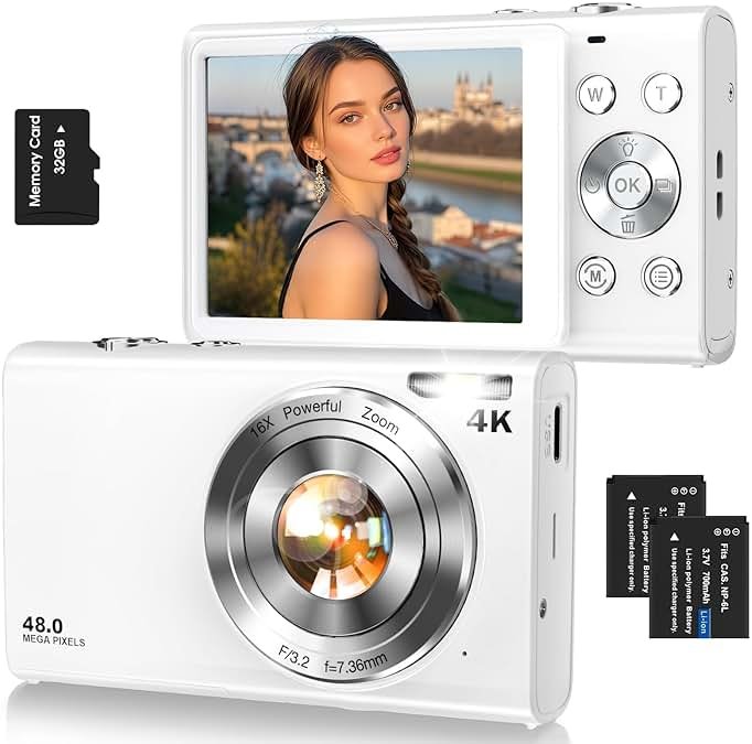 Digital Camera,Autofocus 4K Vlogging Camera for Photography with 32GB Card,48MP Portable Compact Point and Shoot Digital Camera for Teens Adult Beginner with 16X Zoom,Anti-Shake,2 Batteries(White) - Product Image
