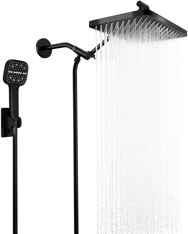 12 Inch Shower Head, High Pressure Rainfall/Handheld Dual Shower Combo- Upgrade Extension Arm Height Adjustable - Handheld Shower Wand and Hose Black, Matte Black (12Inch Showerheads) - Product Image