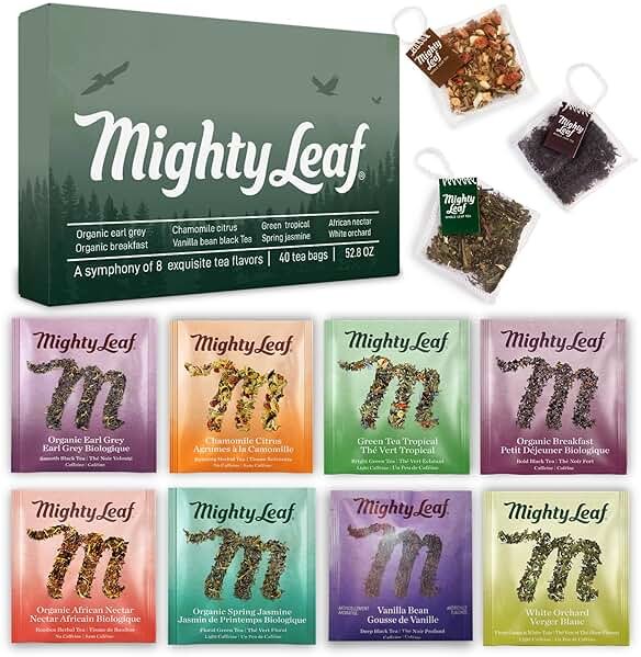 Mighty Leaf Organic Tea Sampler – 40 Count Silken Tea Bags – 8 Assorted Flavors: Tropical Green, Chamomile Citrus, Earl Grey, Vanilla Bean, White Orchard, Breakfast, Spring Jasmine, African Nectar – Premium Tea Gift Box - Product Image