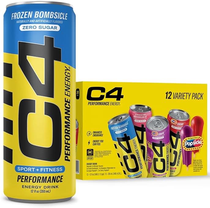 C4 Performance Energy Drink, Popsicle Variety Pack, Zero Sugar Carbonated Preworkout Energy, 200mg Caffeine with Beta Alanine, 12 Fl Oz (12 Pack) - Product Image