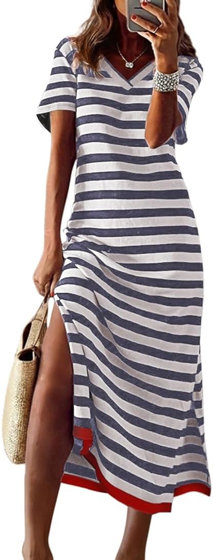 Dokotoo Womens Summer Casual Trendy 2026 Short Sleeve Maxi Dress Striped Split Vacation Color Block T Shirt Dress - Product Image
