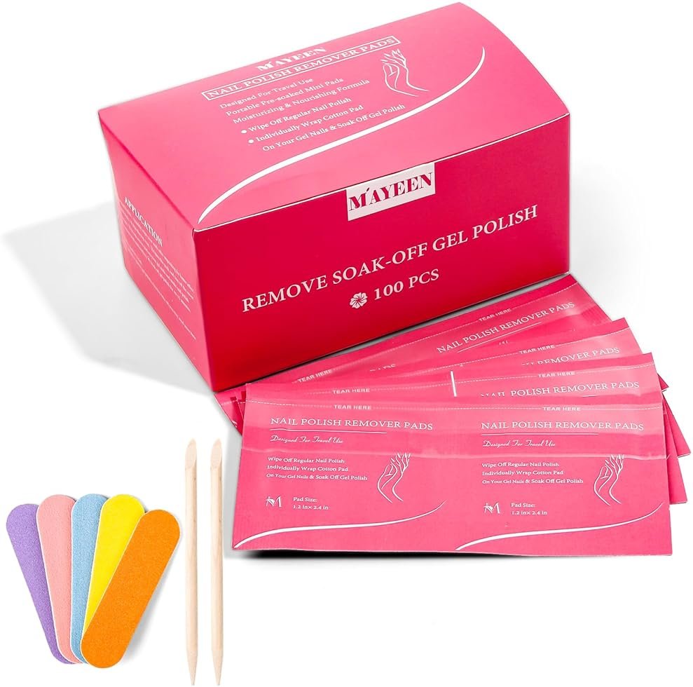 MAYEEN Nail Polish Remover Pads 100 Pack Individually Wrapped Acetone Gel Polish Remover Pads Nail Polish Remover Wipes Travel Pad For Gel & Acrylic Nails Moisturizing & Gentle - Product Image