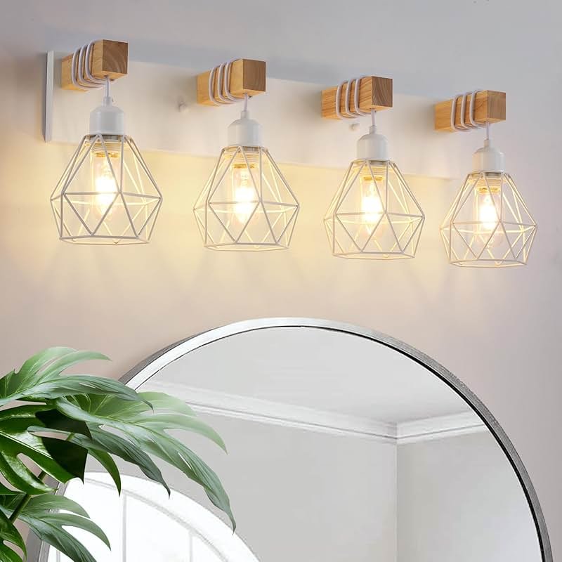 Farmhouse Vanity Light for Bathroom, 4-Light White Wood Bathroom Vanity Light Fixtures Over Mirror, Rustic Sconces Wall Lighting with Metal Lampshade for Living Room, Bedroom, Hallway - Product Image