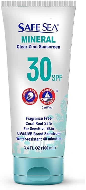 Safe Sea Zinc Oxide Sunscreen SPF30 | Clear Mineral Face And Body Reef Safe Sunscreen Without White Cast | Anti-Jellyfish Sting Protective Lotion | 3.4Oz (100ml) (1 Pack) - Product Image