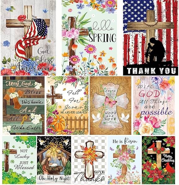 Christian Seasonal Garden Flags Set of 12 Double Sided 12 x 18 Inch Cross Yard Flags, Small Flags for Outside, Fall Winter Easter Christmas Outdoor Flags, Holiday Garden Flags for All Seasons ﻿ - Product Image