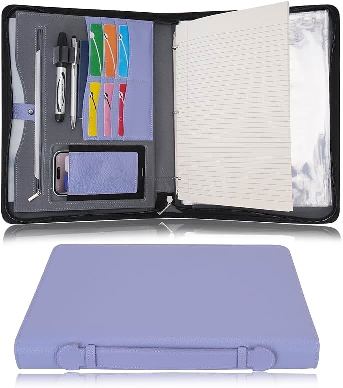 Wonderpool Travel Zippered Portfolio 3 Ring Binder A4 Padfolio Document Case with Removable Clipboard Legal Pad Holder, Business Office School Organizer for Men and Women (Purple) - Product Image