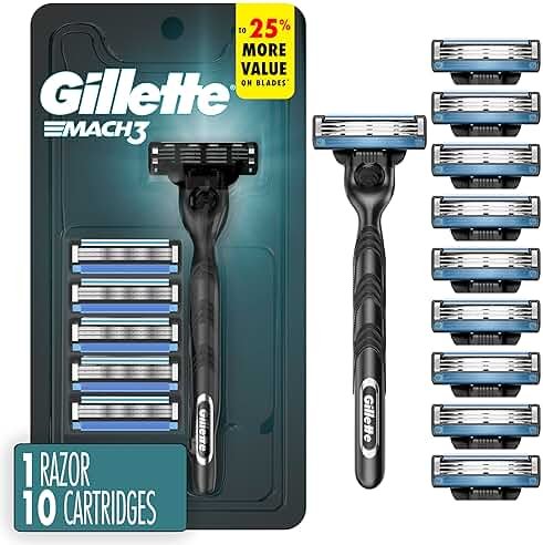 Gillette Mach3 Shaving Razor for Men, 1 Razor Gillette 3-Blade Handle for Men’s Grooming, 10 Razor Blade Refills, Lubrication Strip - Product Image