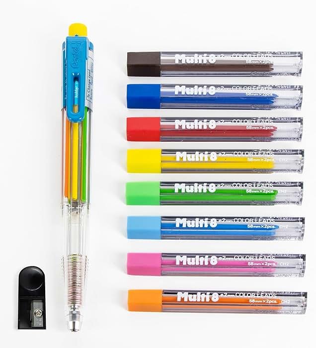 Pentel 8 Color Automatic Pencil Box Set, Assorted Accent Clip Colors, 8 Color Lead Refills and Sharpener (PH158-ST) - Product Image