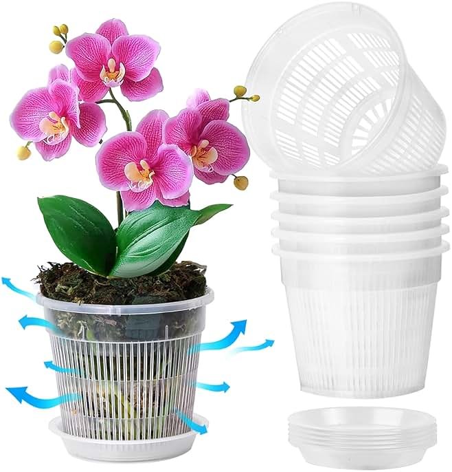 T4U Orchid Pot, 6 Pack 6.3 Inch Orchid Pots with Holes and Saucers, Clear Orchid Pots for Repotting, Plastic Flower Plant Pot for Indoor Outdoor Plants, Slotted Orchids Planter for Root Health - Product Image