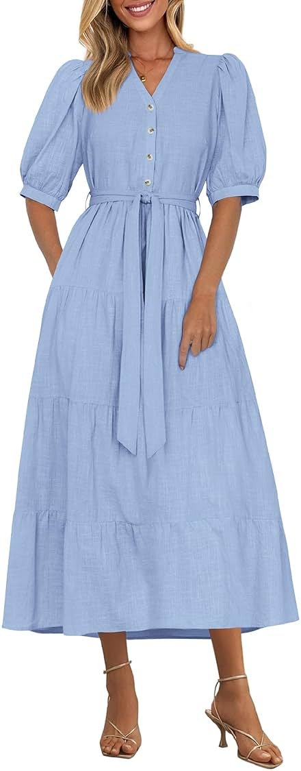 PRETTYGARDEN Summer Dresses for Women 2026 Elegant Classy Short Sleeve V Neck Ruffle A Line Belted Long Beach Vacation Dress - Product Image