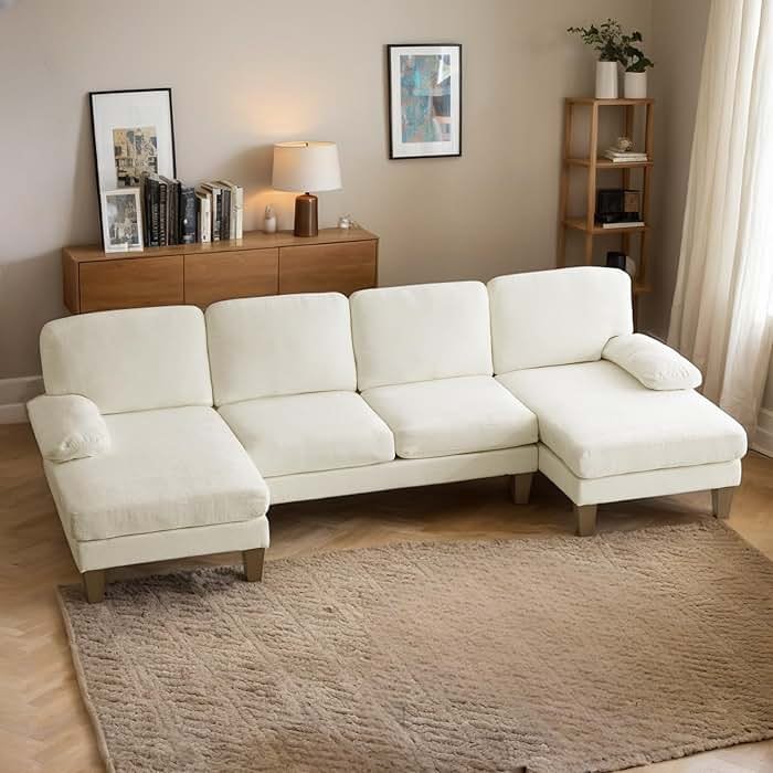 Karl home U-Shape Sectional Sofa Couch 111" Modern 4-Seat Sofa with Chaises Chenille Fabric Upholstered Covertible Couch with Wood Grain Legs for Living Room, Reception Room, Apartment, Beige - Product Image