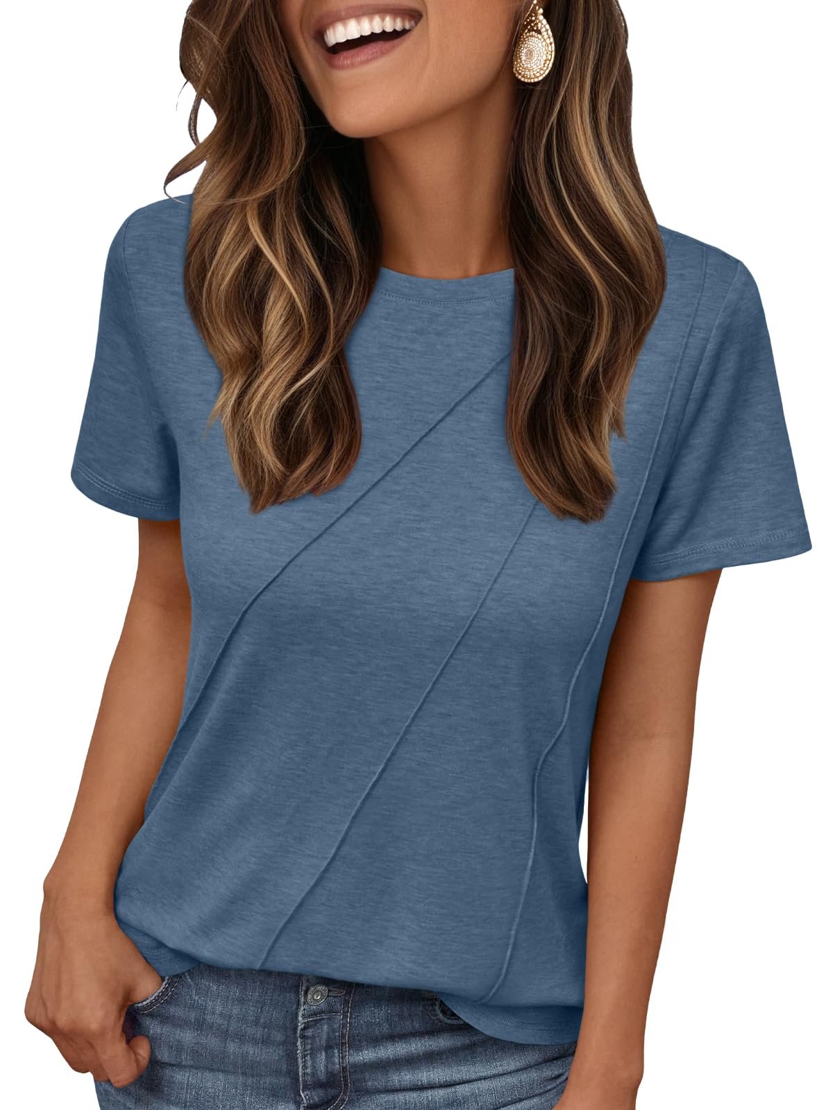 AUTOMET Women's Short Sleeve Tops – Soft & Comfortable Crewneck T-Shirts with Unique Diagonal Stitching, Summer Casual Wear - Product Image
