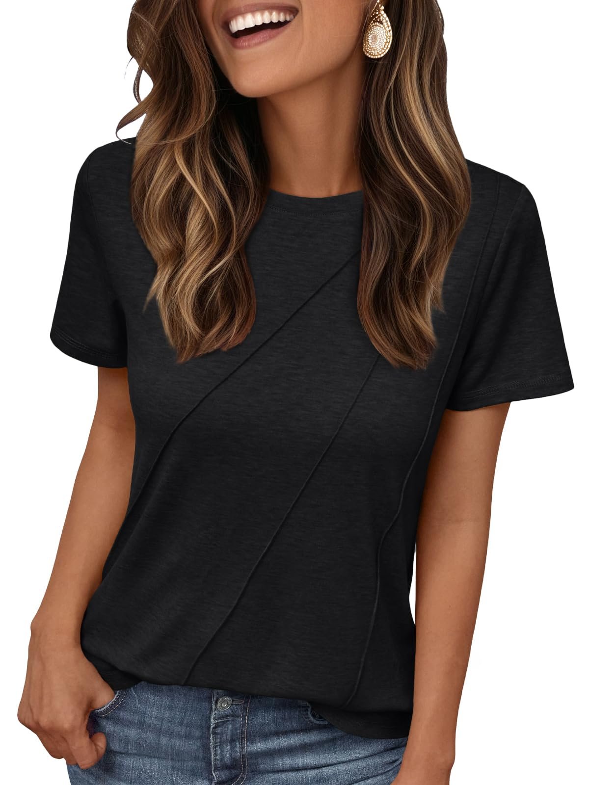 AUTOMET Women's Short Sleeve Tops – Soft & Comfortable Crewneck T-Shirts with Unique Diagonal Stitching, Summer Casual Wear - Product Image