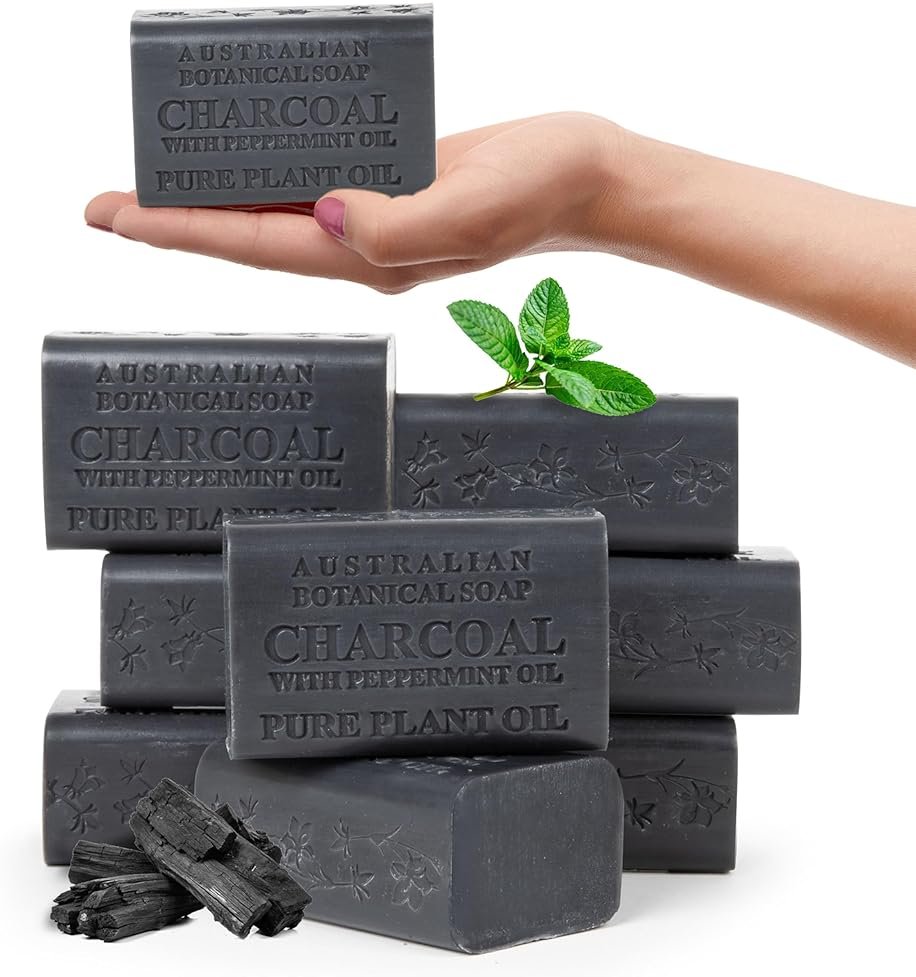 Australian Botanical African Black Soap with Activated Charcoal and Peppermint Oil 6.6 oz, Pack of 8 Activated Charcoal Soap with Raw Organic Shea Butter, for All Skin Types - Product Image