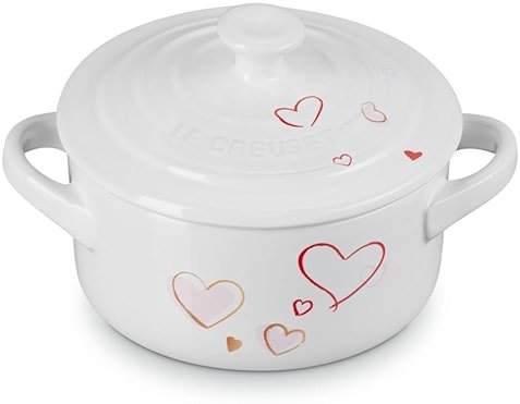 Le Creuset Mon Coeur Collection Stoneware Classic Round Mini Cocotte, 8 Oz., White with Hearts - Product Image