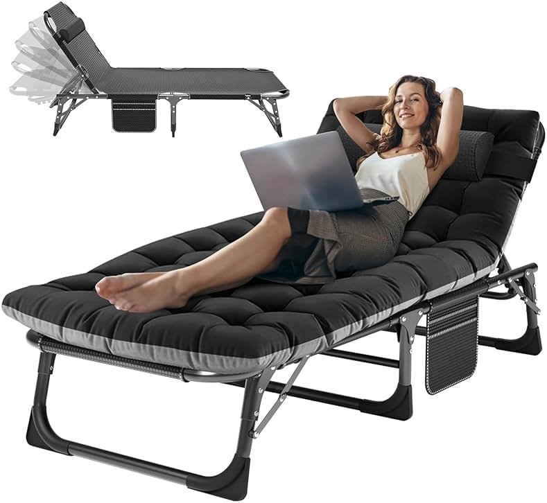 ABORON 3-in-1 Folding Lounge Chair with Padded Cushion, 440LB Heavy-Duty 3-Fold Adjustable Recliner & Guest Bed, No Assembly Portable Chaise Lounge for Patio, Poolside, Office Nap & Camping - Product Image