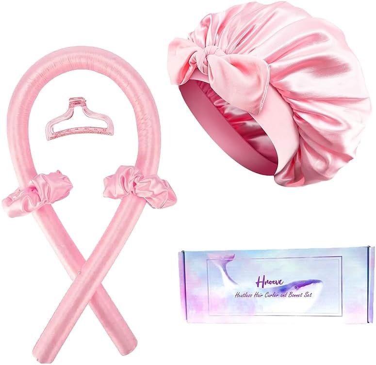 Hroevc No Heat Overnight Curls with Double Layer Satin Bonnet - Soft Hair Curlers to Sleep In, heatless Curling Rods Set + Silk Bonnet for Women & Girls Long Hair, Heatless Waves & Volume (Pink) - Product Image