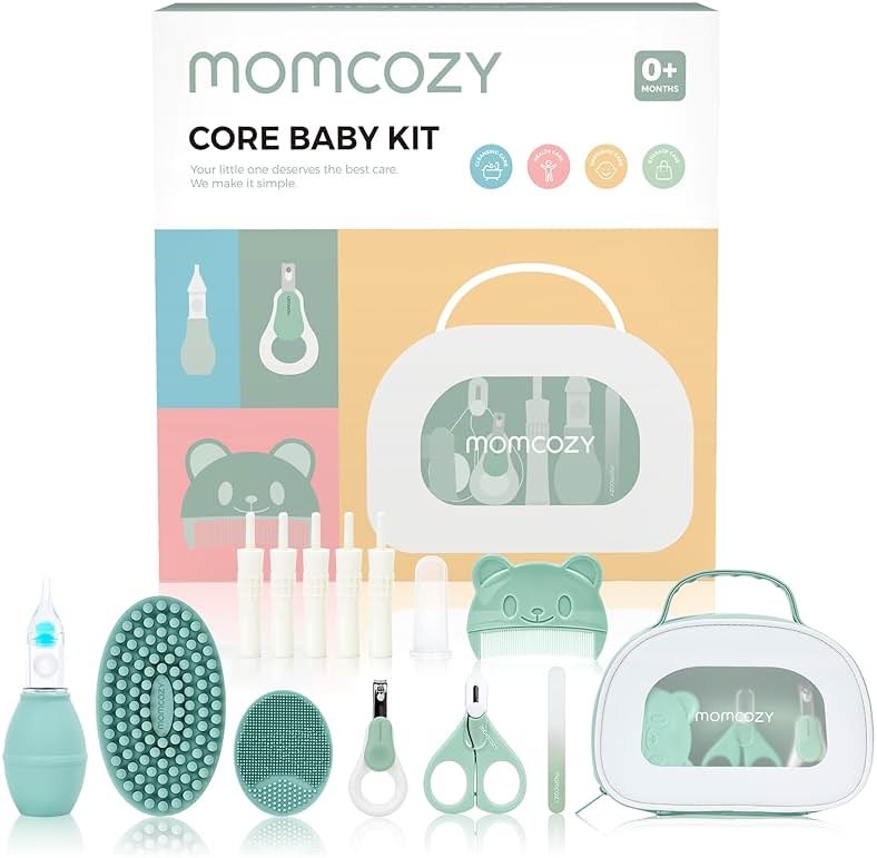Momcozy Core Baby Kit, Baby Shower & Registry Essential Kit for Grooming&Health&Cleansing Care, Includes Nail File Kits, Nasal Aspirator, Gas Relief Tubes, Bath Brushes, Toothbrush, Comb, Storage Case - Product Image