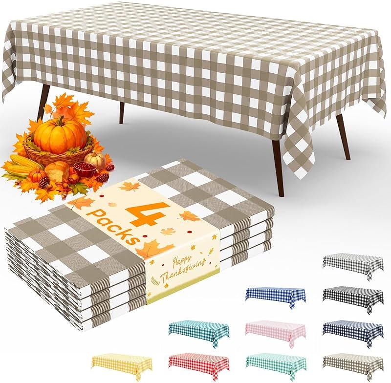 misaya 4 Packs Buffalo Disposable Table Cloth, 54 x 108 Inch Waterproof Plastic Tablecloth, Rectangle Khaki and White Checkered Table Covers for Picnic, Birthday, Party - Product Image