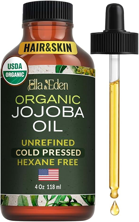 Ella & Eden Organic Jojoba Oil – USDA Certified, Cold-Pressed, 100% Pure & Unrefined, Hexane-Free Oil for Face, Skin, Hair & Nails – 4 Fl Oz Glass Bottle - Product Image