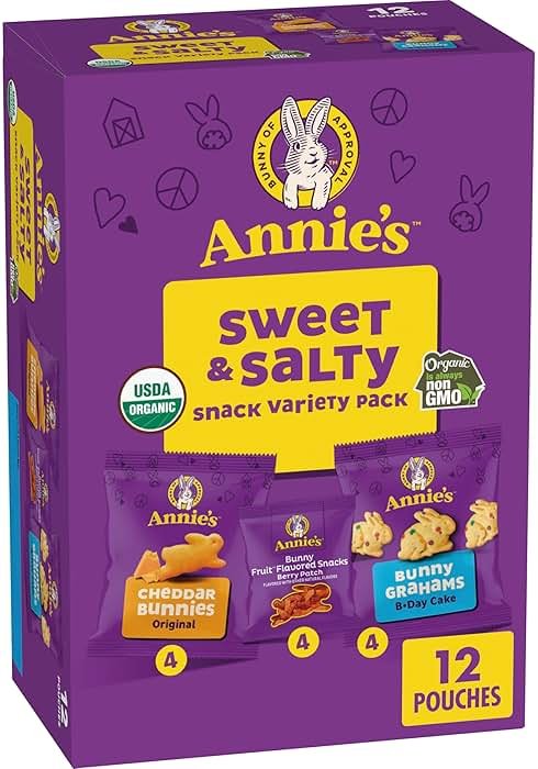 Annie's Sweet and Salty Snack Variety Pack, Cheddar Bunnies, Bunny Grahams and Bunny Fruit Flavored Snacks, Organic Kids Snacks, 12 Pouches, 10.8 oz - Product Image