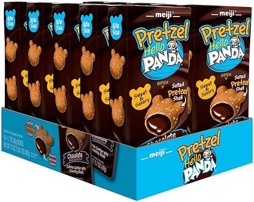 MEIJI Hello Panda Pretzel Cookies, Chocolate Crème Filled, 1.7oz Pack of 10 | Crunchy salted pretzel shells filled with smooth chocolate crème, with 10 convenient 1.7oz boxes for snacking or sharing. - Product Image