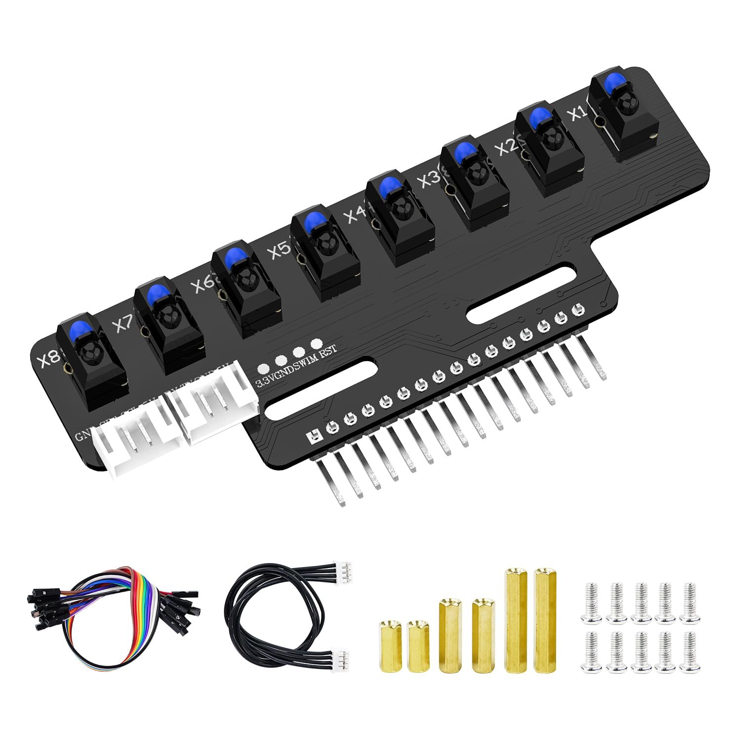 Yahboom 8-Channel Line Patrol Module Sensor 10 Pin,GPIO/IIC/USART,Suitable for RaspberryPi/STM32/UNO/Electronic Projects (8-Channel Module+PH2.0+Dupont Line+Copper Column) - Product Image