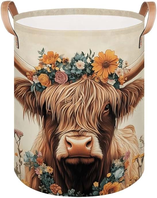 Gumuslen Highland Cow Laundry Basket Vintage Cattle Sunflower Large Laundry Hamper Collapsible Organizer Basket Clothes Bin Storage Boxs for Bedroom Bathroom Dorm - Product Image
