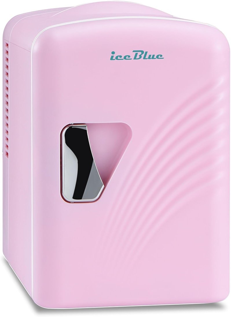 Iceblue Mini Fridge, Retro 4 Liter /6 Cans Mini Skincare Fridge, AC Plug & 12V Car Charger Mini Makeup Fridge, Compact & Portable 4A Cooling Tiny Fridge for Bedroom, Car, Office, Dorm, Gift - Pink - Product Image