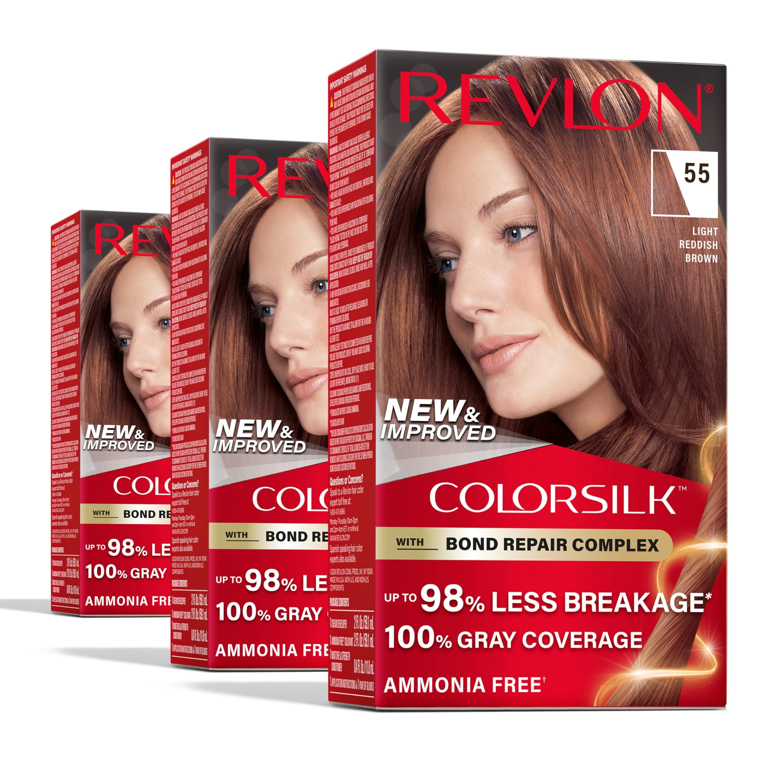 Revlon ColorSilk with Bond Repair Complex, Red Permanent Hair Color, 100% Gray Coverage, Ammonia Free Hair Dye, Vegan Keratin, 55 Light Reddish Brown (Pack of 3) - Product Image