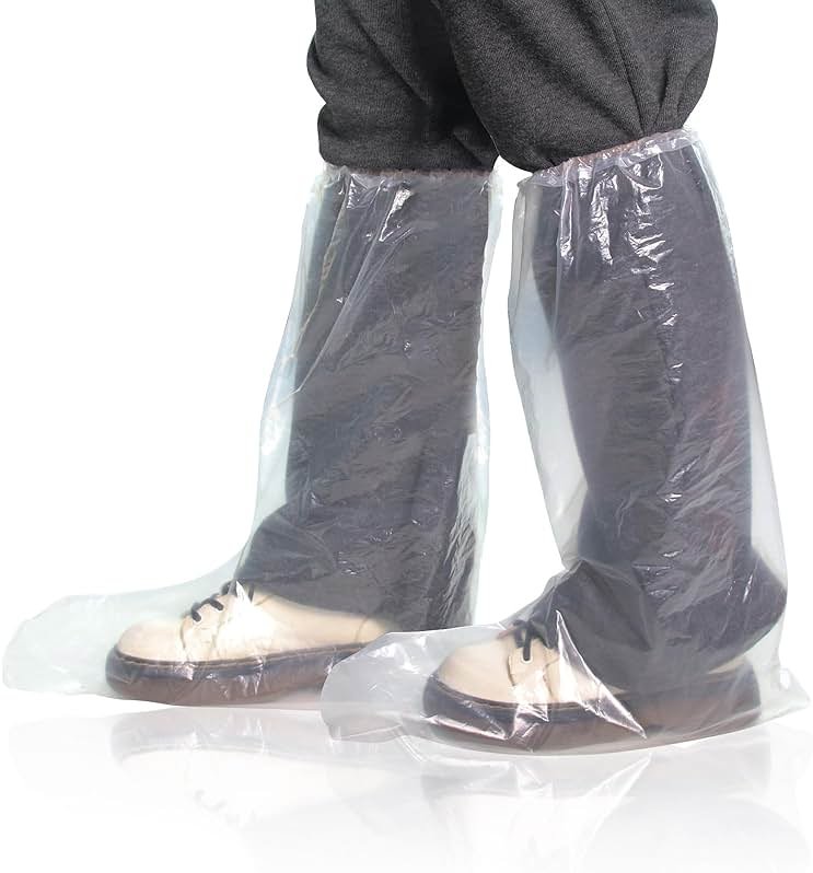 Disposable Plastic Boot and Shoe Covers 100 Pack (50 Pairs) Anti-Slip Waterproof Durable Reusable Cover Plastic Long Rain Shoe Cover (Transparent) - Product Image
