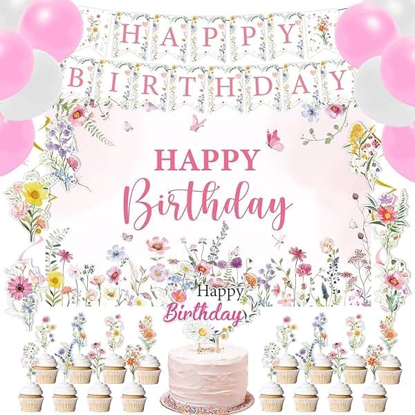 Rngmsi Flower Birthday Decorations Set - 42PCS Wildflower Floral Birthday Decor Party Supplies for Girls Women Happy Birthday Banners Balloons Backdrop Hanging Swirls Cake Topper Cupcake Toppers - Product Image