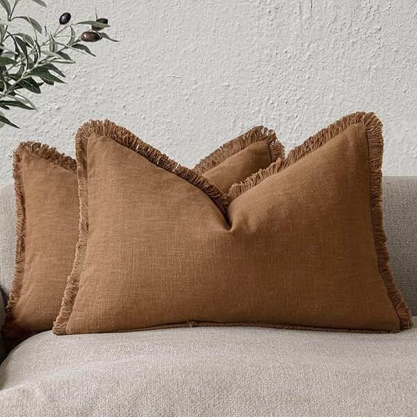 Foindtower Set of 2 Decorative Linen Fringe Throw Pillow Covers Cozy Farmhouse Cushion Cover with Tassels Lumbar Accent Pillowcase for Couch Bed Living Room Home Bedroom Decor, 12×24 Inch,Orange Brown - Product Image