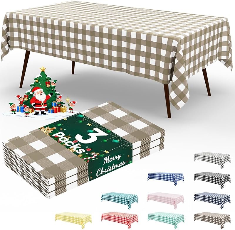 Smiry 3 Pack Khaki Gingham Disposable Tablecloths - 54" x 108" Heavy Duty Plastic Table Cloth, Waterproof Buffalo Plaid Table Covers for Picnic, Banquets, Outdoor Parties - Product Image